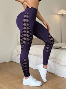 Slayform Slayform Mesh Patchwork High Waist Seamless Sports Leggings - Bold Plum - View 3