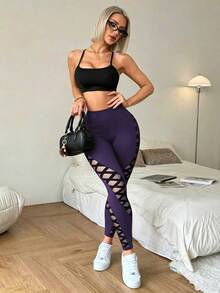 Slayform Slayform Mesh Patchwork High Waist Seamless Sports Leggings - Bold Plum - View 4