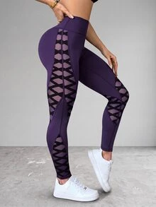 Slayform Slayform Mesh Patchwork High Waist Seamless Sports Leggings - Bold Plum - View 1
