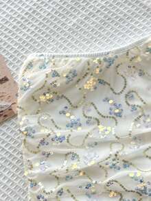 SHEIN Tween女孩黑色奶油黃白色波點白色花卉亮片休閒可愛裙子附內建內搭褲，度假秋季款 - 白色 - 查看 4