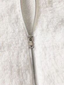 SHEIN 1件女童冬季白色刷毛外套，秋季服飾，韓系簡約連帽拉鍊設計，加厚長袖短版寬鬆版型 - 白色 - 查看 8