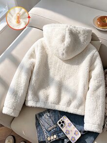 SHEIN 1件女童冬季白色刷毛外套，秋季服飾，韓系簡約連帽拉鍊設計，加厚長袖短版寬鬆版型 - 白色 - 查看 3
