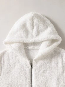SHEIN 1件女童冬季白色刷毛外套，秋季服飾，韓系簡約連帽拉鍊設計，加厚長袖短版寬鬆版型 - 白色 - 查看 6