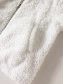 SHEIN 1件女童冬季白色刷毛外套，秋季服飾，韓系簡約連帽拉鍊設計，加厚長袖短版寬鬆版型 - 白色 - 查看 4