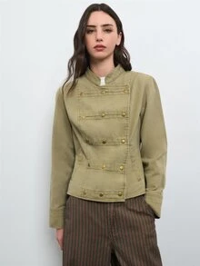 Nöista Military Green Jacket With Double Breasted Buttons. Fall Winter, Casual, Commuting, Going Out. - Green - View 1
