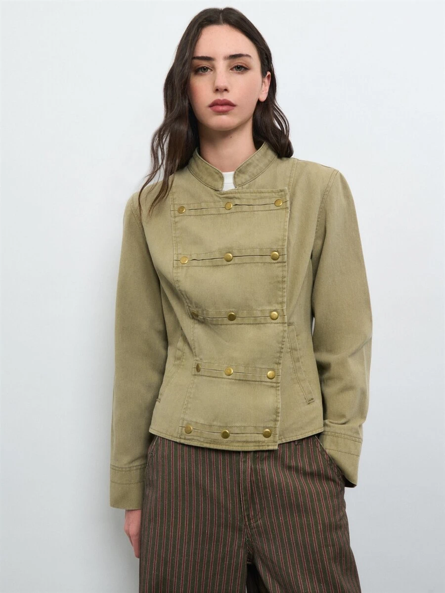 Nöista Military Green Jacket With Double Breasted Buttons. Fall Winter, Casual, Commuting, Going Out. - Green - View 1