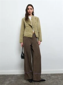 Nöista Military Green Jacket With Double Breasted Buttons. Fall Winter, Casual, Commuting, Going Out. - Green - View 2