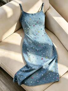 Franclia Women's Colorful Rhinestone Decor Distressed Design Casual Daily Summer Spaghetti Strap Dress - Multicolor - View 2