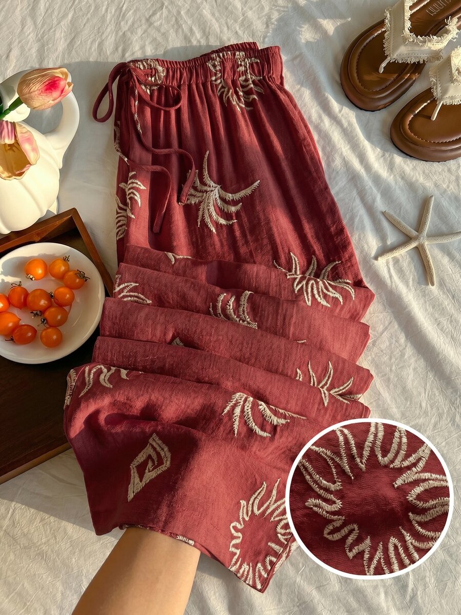 Comfortcana 夏季纯色褶皱纹理面料宽松抽绳腰带休闲度假阔腿裤,大码 - 紅色 - 查看 1