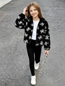 青少年女孩蝴蝶結毛絨夾克 立領前開拉鍊收口袖口 全身印花 Y2K可愛上衣 秋冬黑色學生款 - 黑色 - 查看 12
