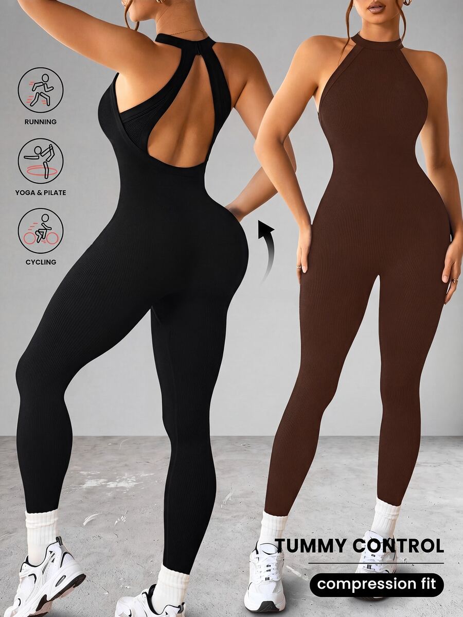 Slayform Slayform 2pcs Solid Color Backless Halter Neck Fitted Jumpsuit - Multicolor - View 1