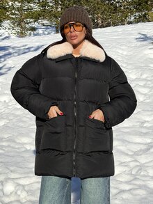 Lumivelle Women's Waterproof Oversized Puffer Jacket Featuring A Contrast Faux-Fur Spread Collar, Deep Side Pockets, And Daily Statement Silhouette, Daily Street Collection - الأسود - مشاهدة 6