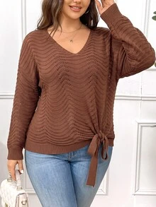Elenzga Sweater Rajut Longgar Kasual Warna Polos Leher V Wanita Ukuran Besar Musim Gugur/Dingin dengan Pita dan Motif Riak Air, Lengan Panjang - Coffee Brown - View 7