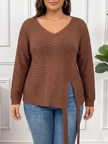 Elenzga Sweater Rajut Longgar Kasual Warna Polos Leher V Wanita Ukuran Besar Musim Gugur/Dingin dengan Pita dan Motif Riak Air, Lengan Panjang - Coffee Brown - View 5