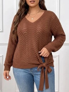 Elenzga Sweater Rajut Longgar Kasual Warna Polos Leher V Wanita Ukuran Besar Musim Gugur/Dingin dengan Pita dan Motif Riak Air, Lengan Panjang - Coffee Brown - View 2