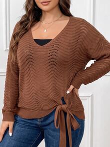 Elenzga Sweater Rajut Longgar Kasual Warna Polos Leher V Wanita Ukuran Besar Musim Gugur/Dingin dengan Pita dan Motif Riak Air, Lengan Panjang - Coffee Brown - View 8
