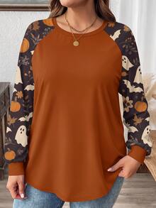 Comfylo Kaos Wanita Ukuran Besar Motif Daun Maple dan , Lengan Raglan Kasual, Leher Bulat, Potongan Longgar, Cocok untuk Pesta Musim Semi dan Gugur. - MultiWarna - View 3