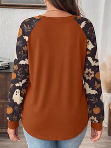 Comfylo Kaos Wanita Ukuran Besar Motif Daun Maple dan , Lengan Raglan Kasual, Leher Bulat, Potongan Longgar, Cocok untuk Pesta Musim Semi dan Gugur. - MultiWarna - View 2