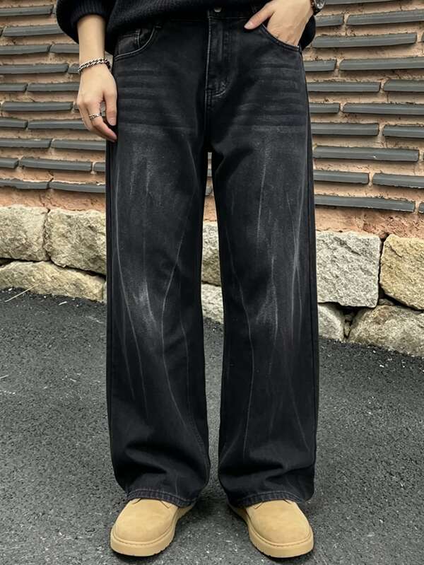 DAZY Men's Simple Solid Black Jeans, Casual Everyday Wear For Autumn, Grunge
