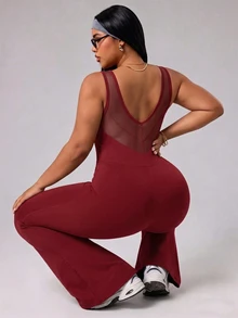 Rhythm Era Summer Plus Size Women's Sports Jumpsuit, Burgundy Tight-Fitting U-Neck, Slimming Cut-Out Design, Large U-Back With Mesh Patchwork, Gym, Active - Burgundy - View 12