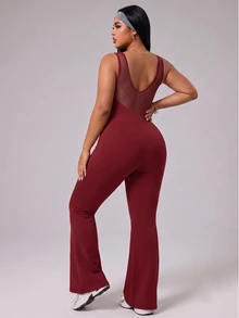 Rhythm Era Summer Plus Size Women's Sports Jumpsuit, Burgundy Tight-Fitting U-Neck, Slimming Cut-Out Design, Large U-Back With Mesh Patchwork, Gym, Active - Burgundy - View 2