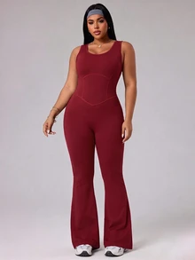 Rhythm Era Summer Plus Size Women's Sports Jumpsuit, Burgundy Tight-Fitting U-Neck, Slimming Cut-Out Design, Large U-Back With Mesh Patchwork, Gym, Active - Burgundy - View 14
