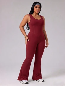 Rhythm Era Summer Plus Size Women's Sports Jumpsuit, Burgundy Tight-Fitting U-Neck, Slimming Cut-Out Design, Large U-Back With Mesh Patchwork, Gym, Active - Burgundy - View 5