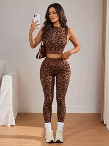 Slayform Slayform Women's Leopard Print Cropped Tank Top & Leggings Sports Set - Brown - View 4