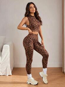 Slayform Slayform Women's Leopard Print Cropped Tank Top & Leggings Sports Set - Brown - View 6