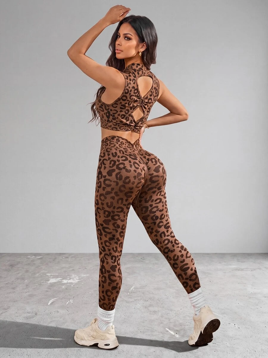 Slayform Slayform Women's Leopard Print Cropped Tank Top & Leggings Sports Set - Brown - View 1