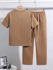 SHEIN 2pcs/Set Tween Boys' Brown Summer Casual City Break College Style Big Letter Embossed Graphic Round Neck Short Sleeve T-Shirt And Pants Sports Set - Coffee Brown - View 2