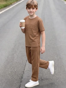 SHEIN 2pcs/Set Tween Boys' Brown Summer Casual City Break College Style Big Letter Embossed Graphic Round Neck Short Sleeve T-Shirt And Pants Sports Set - Coffee Brown - View 4