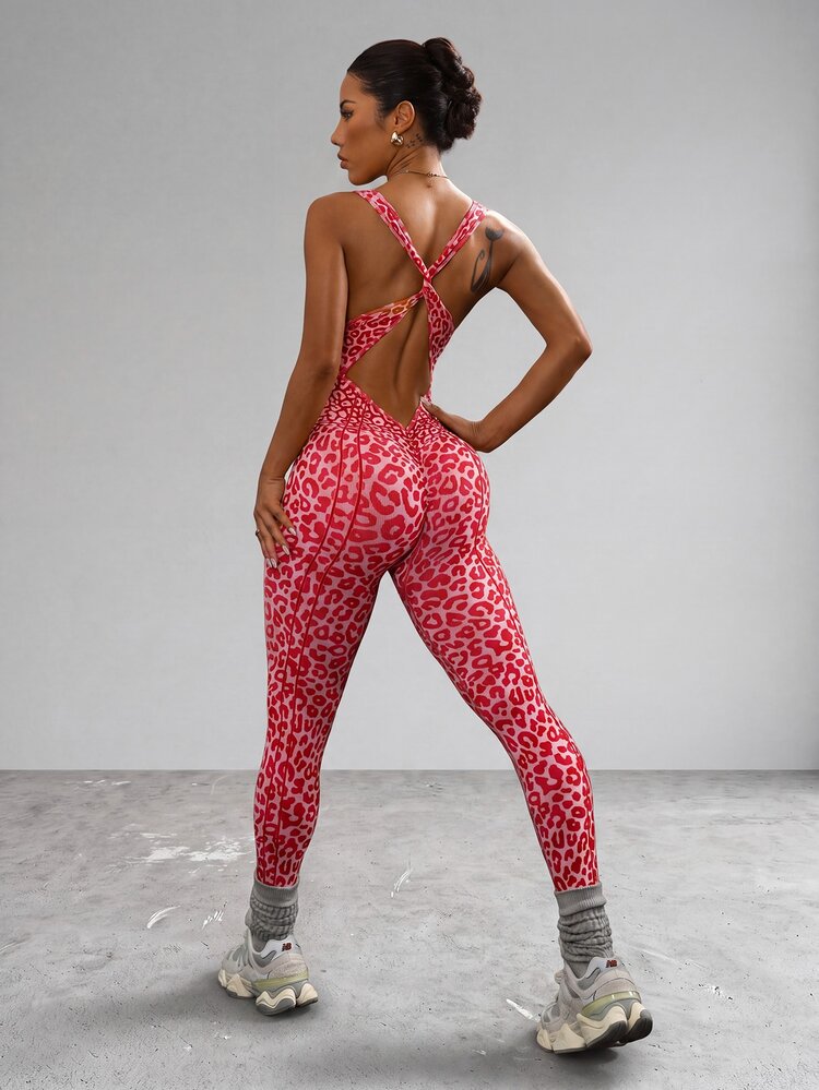Slayform Slayform 1pc Women Leopard Print Yoga/Exercise Yoga Jumpsuit, Slayoga Backless Active Jumpsuit - Red - View 1