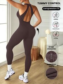 Slayform Slayform Women's Solid Color Backless Elastic Seamless Sports Jumpsuit, Summer - Brown - View 5