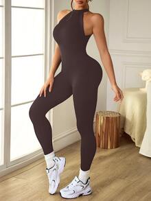 Slayform Slayform Women's Solid Color Backless Elastic Seamless Sports Jumpsuit, Summer - Brown - View 8