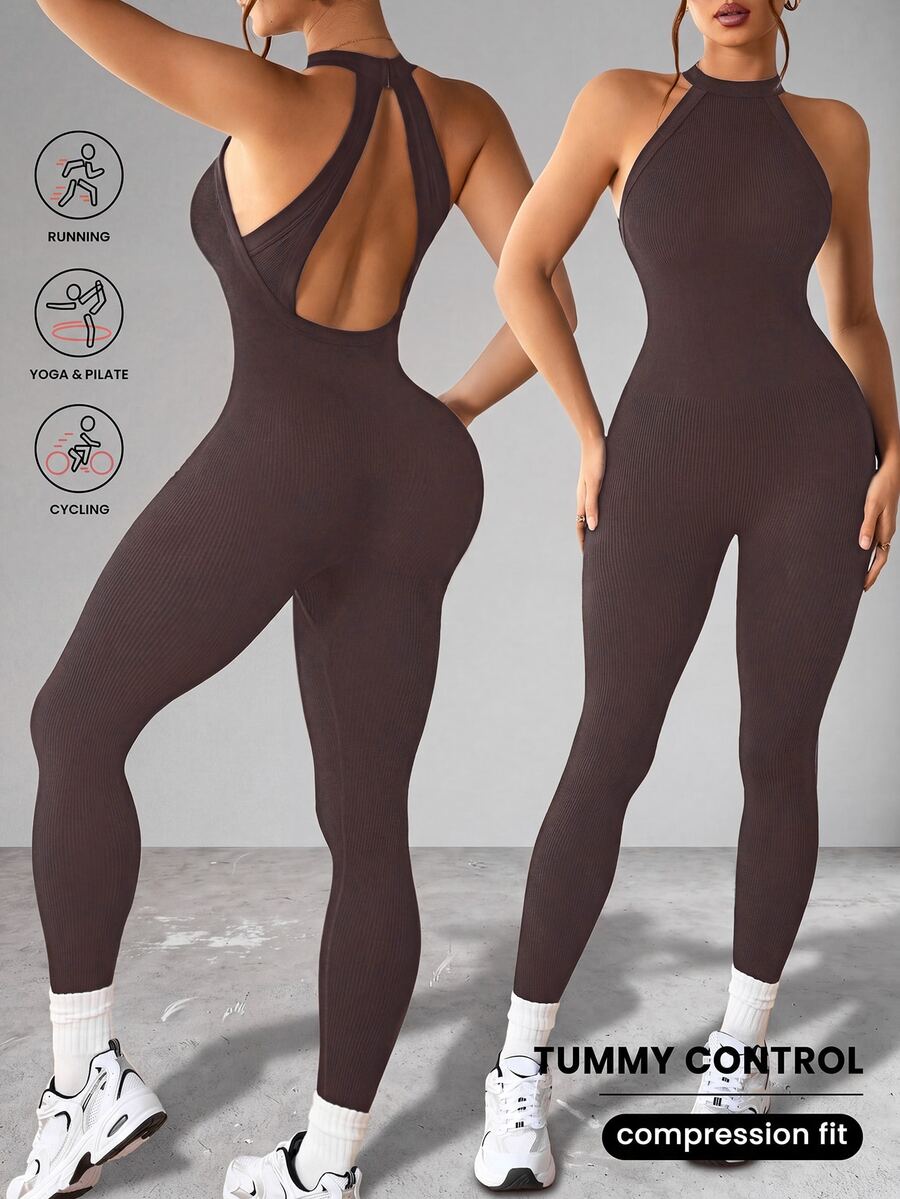 Slayform Slayform Women's Solid Color Backless Elastic Seamless Sports Jumpsuit, Summer