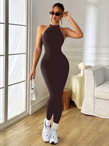Slayform Slayform Women's Solid Color Backless Elastic Seamless Sports Jumpsuit, Summer - Brown - View 3