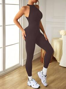 Slayform Slayform Women's Solid Color Backless Elastic Seamless Sports Jumpsuit, Summer - Brown - View 6