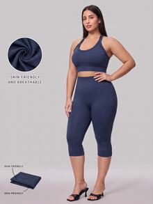 SHEIN Rhythm Era Seamless Knit Plus Size Women's Sports Set Gym Navy Blue Summer - Navy Blue - View 4