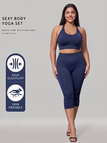 SHEIN Rhythm Era Seamless Knit Plus Size Women's Sports Set Gym Navy Blue Summer - Navy Blue - View 3