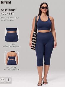SHEIN Rhythm Era Seamless Knit Plus Size Women's Sports Set Gym Navy Blue Summer - Navy Blue - View 6