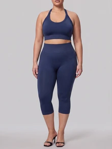 SHEIN Rhythm Era Seamless Knit Plus Size Women's Sports Set Gym Navy Blue Summer - Navy Blue - View 11