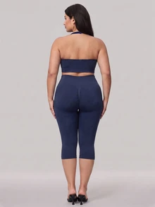 SHEIN Rhythm Era Seamless Knit Plus Size Women's Sports Set Gym Navy Blue Summer - Navy Blue - View 2