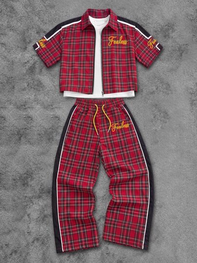 Manfinity EMRG Men's Plaid & Letter Print Short Sleeve Shirt And Long Pants Casual Daily Outfit