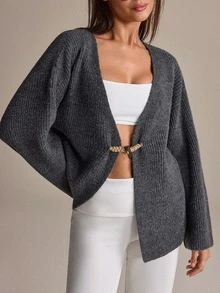 Trelyra Women Cardigan Chinese Button Front Long Sleeve Brunch City Break Everyday Office Gray Autumn Casual Minimalist - Dark Grey - View 5