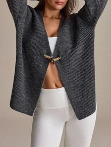Trelyra Women Cardigan Chinese Button Front Long Sleeve Brunch City Break Everyday Office Gray Autumn Casual Minimalist - Dark Grey - View 8