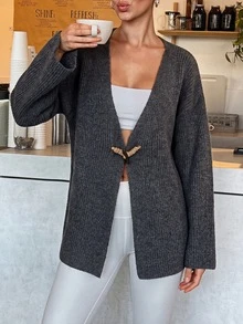 Trelyra Women Cardigan Chinese Button Front Long Sleeve Brunch City Break Everyday Office Gray Autumn Casual Minimalist - Dark Grey - View 4