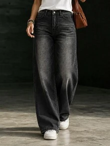 Trelyra WOMEN CLASSIC HIGH WAIST STRAIGHT BLACK DENIM JEAN - Black - View 1