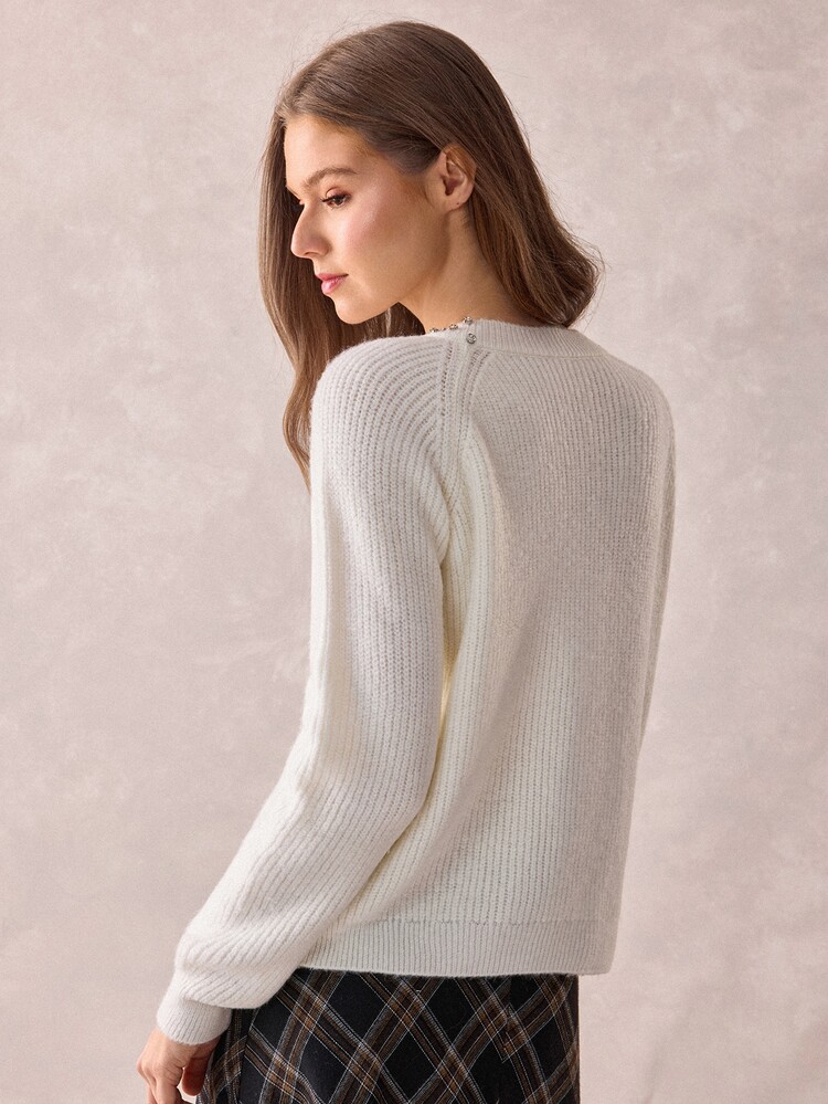 CLARA VERO Luxury Pearl Embellished V-Neck Ribbed Knit Sweater, Elegant Slim Fit Soft Touch Pullover With Statement Stud Detailing For Chic Fall Winter Smart Casual Styling - White - View 4