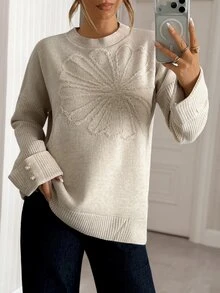 Trelyra Embroidered Floral Oversized Sweater With Faux Pearl Cuff Buttons - Beige - View 4